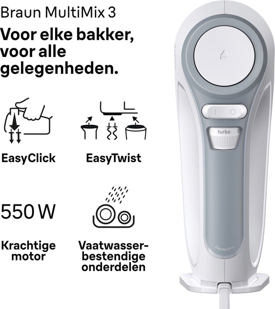 Braun MultiMix 3 HM3200WH - Handmixer - Ergonomische handgreep - 500W - 5 standen + turbo van Braun — afbeelding 3