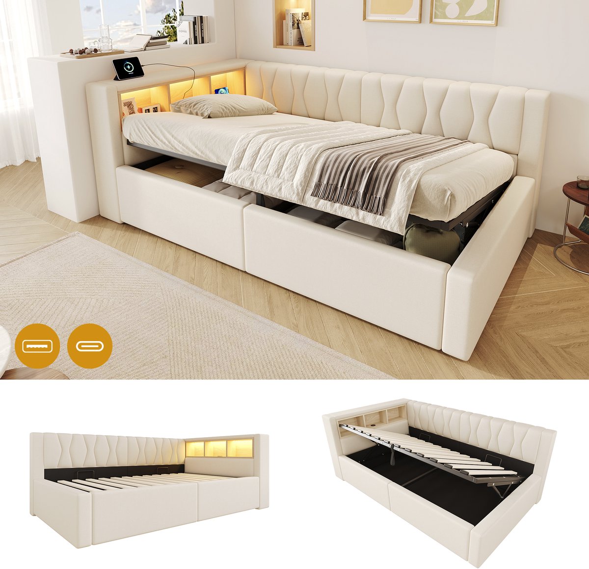 Dagbed 90x200 cm - Met LED-Verlichting - Met Opbergruimte - Met USB-Oplaadpunt - Beige