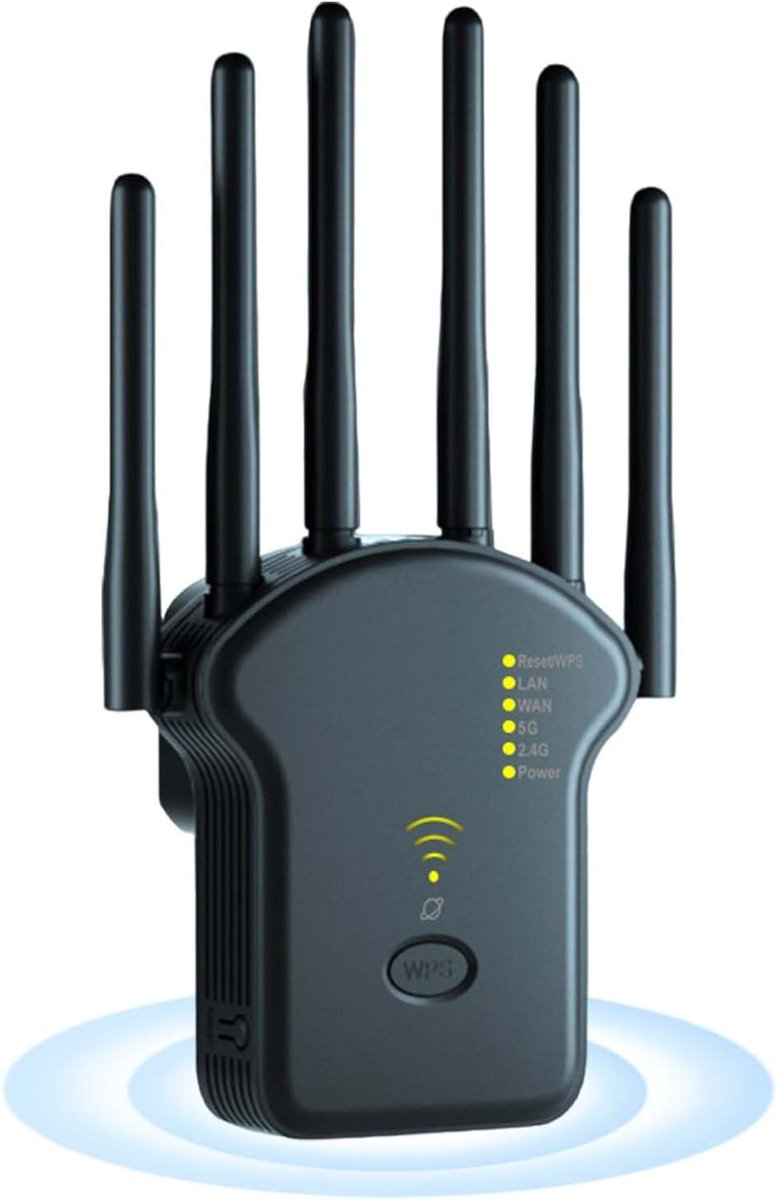 Wi-Fi-repeater, 1200 Mbps Wi-Fi-versterker, dual-band 2,4 GHz + 5 GHz, met repeater-/router-/accesspoint-modi, 6 antennes, Wi-Fi-range extender A2 (zwart) met LAN/WAN-poorten.