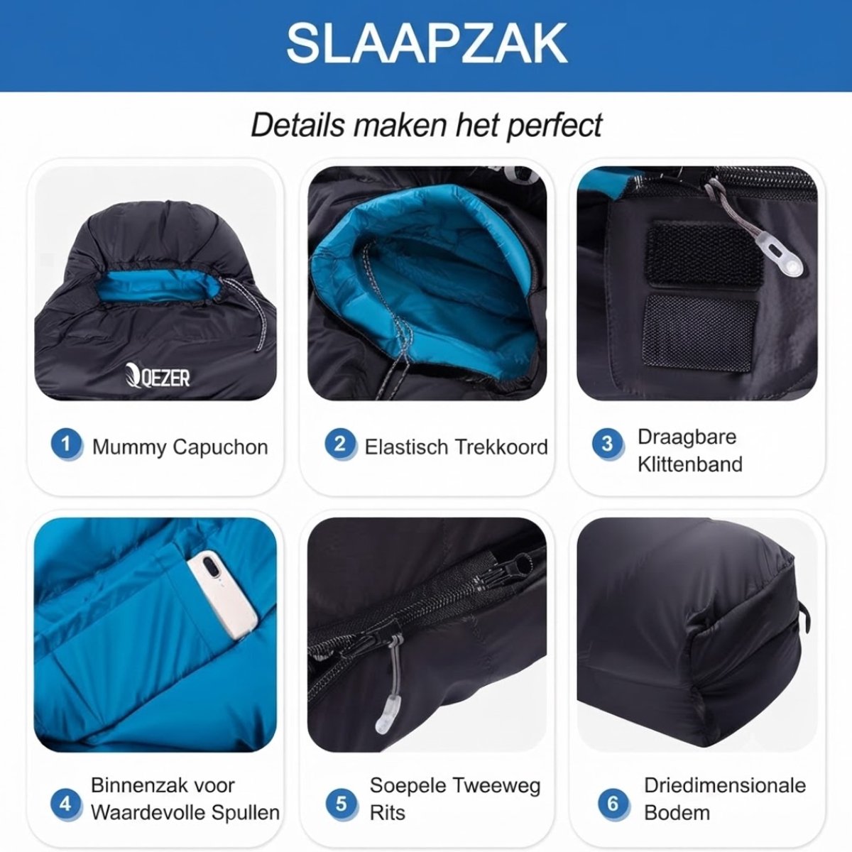 Lìon® Slaapzak - Ideaal voor Kamperen & Outdoor Survival - Slaapzakken voor Volwassenen - Zwart - 210cm x 75cm x 8cm