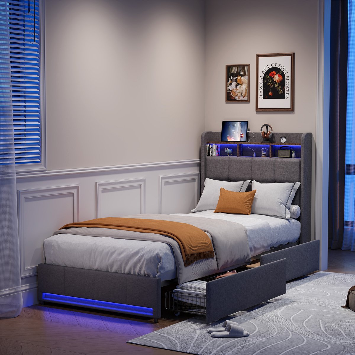 ROSAHQNDA Kinderbed 90x200 cm, eenpersoonsbed met opbergruimte, 2 lades, USB- en Type-C-aansluiting, LED-verlichting en hoofdbord met vakken, linnen, grijs, zonder matras