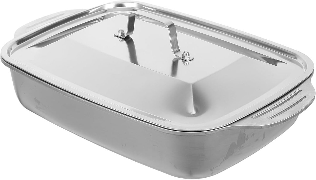 longziming -RVS Braadslede met Deksel 41 x 25 x 7,5 cm - Diepe Ovenschaal - Visbraadpan - Geschikt voor Inductie, Gas en Elektrisch - Voor Bakken, Braden en Grillen