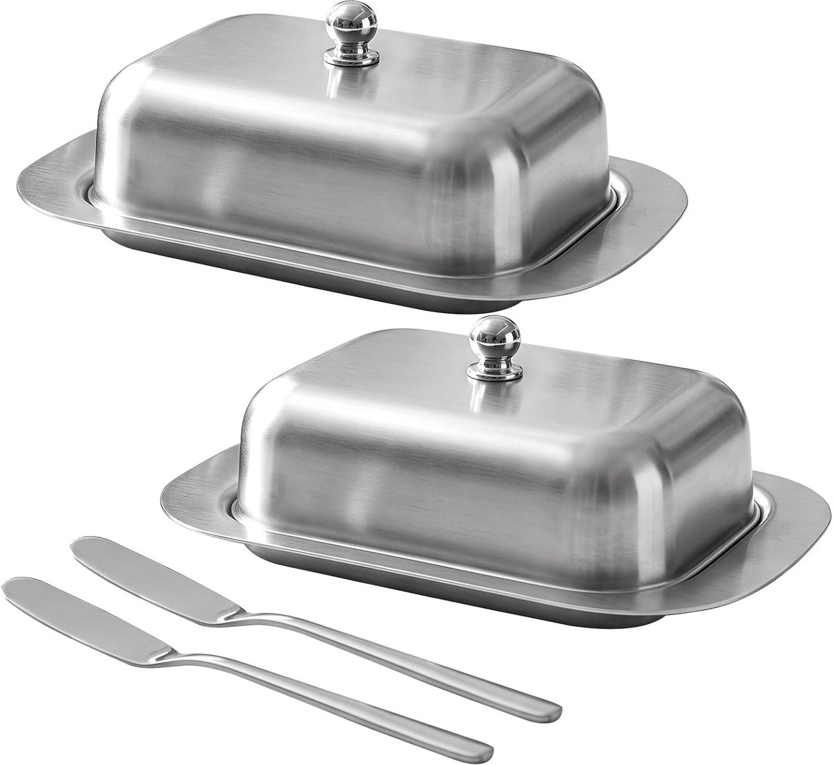 longziming -2-delige Botervloot van RVS met Deksel - 17,9 x 12,2 cm - Inclusief Botermes - Botervloot voor Boter, Desserts en Fruit - Zilver