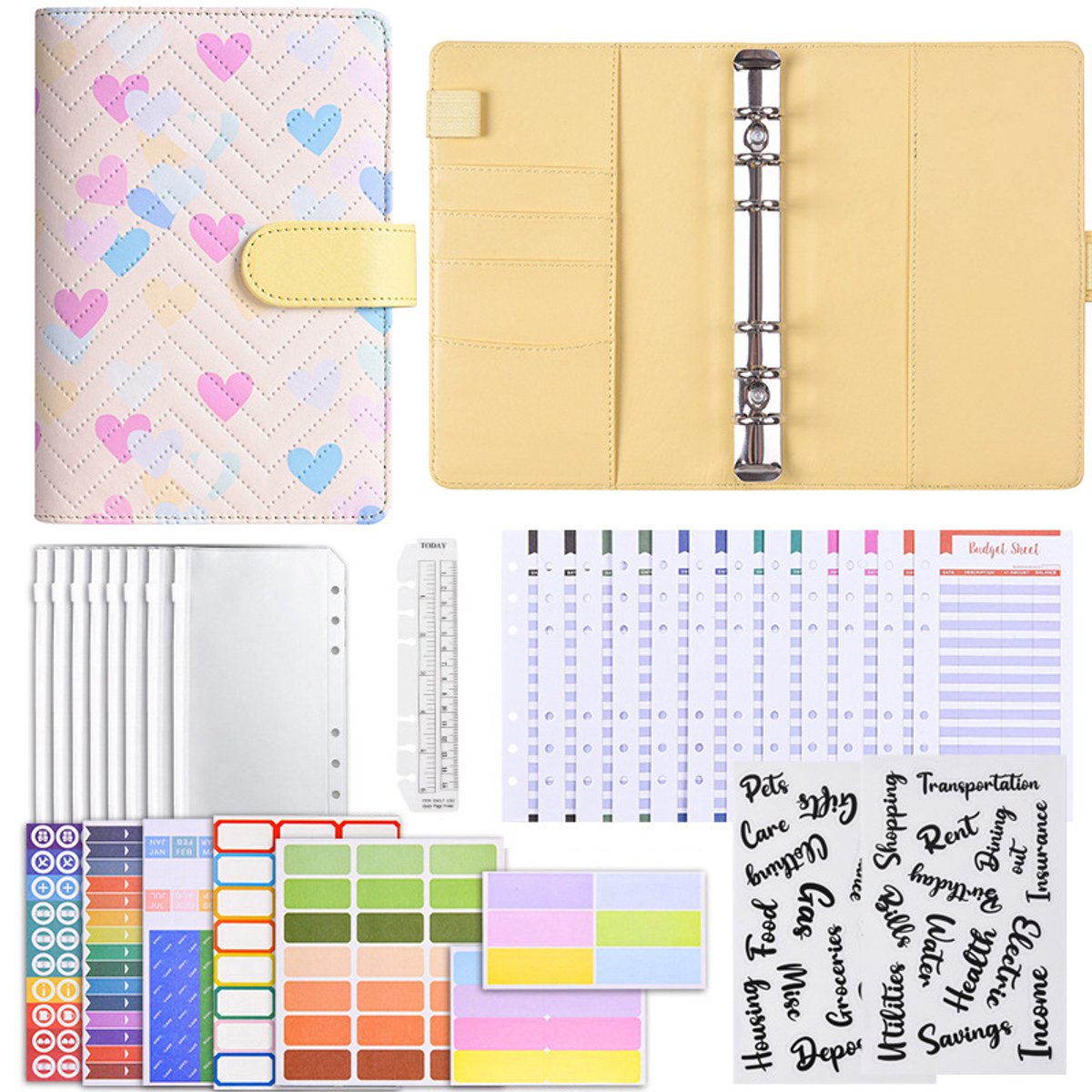 Planner set - pastelkleurig PU-leder - voor budgetplanning en notities - dagboek en huishoudboekje - multifunctioneel notitieboek - voor journaling-liefhebbers - geel - A6 - 1 se