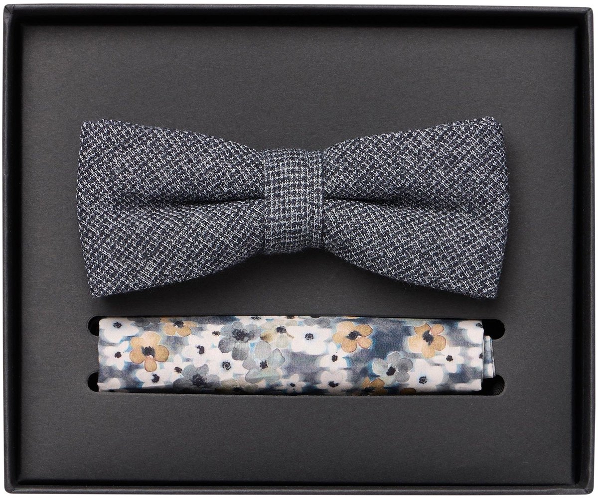 VENTI set met vlinderdas en pochet - blauw - grijs - wit dessin
