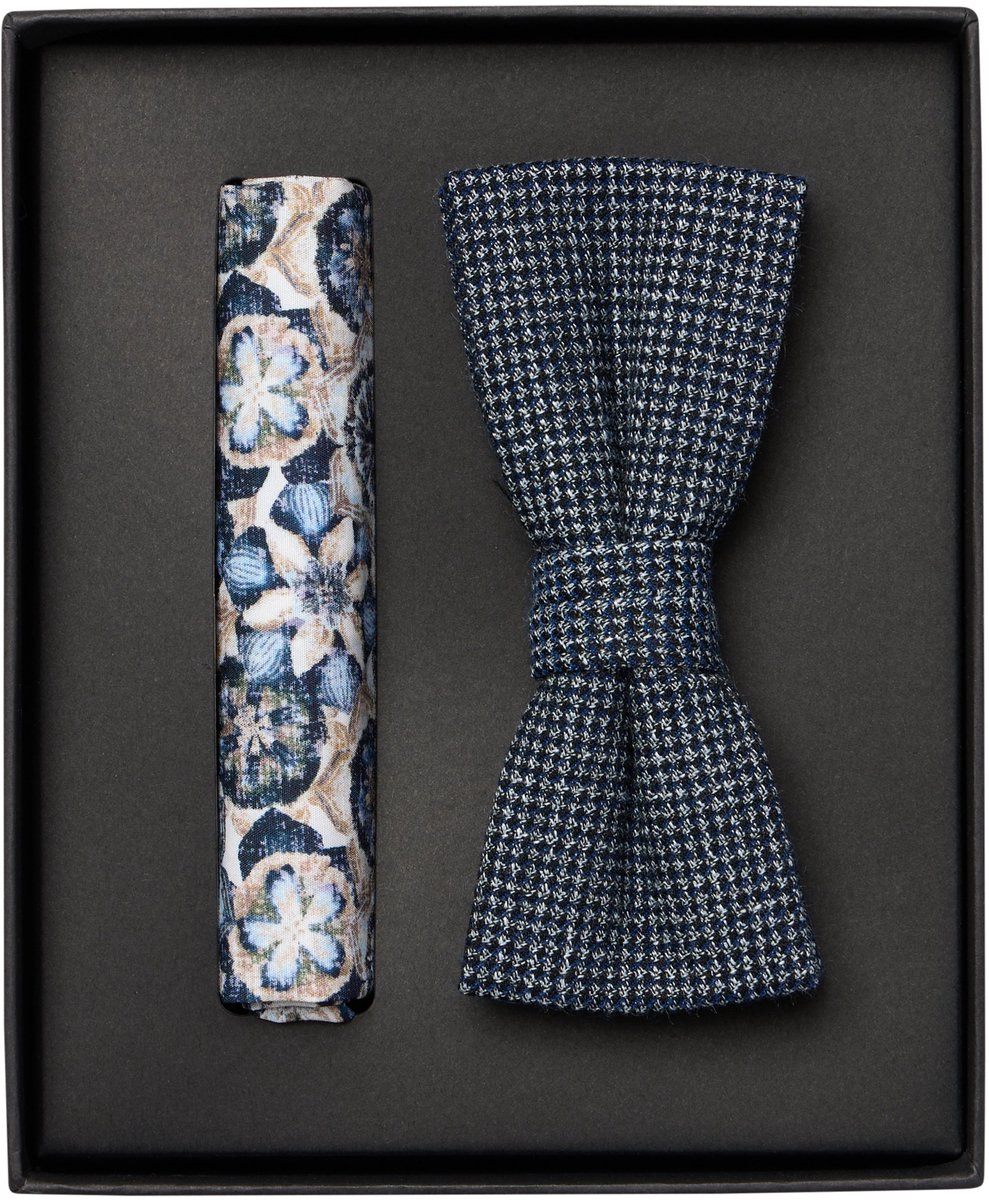 VENTI set met vlinderdas en pochet - blauw met wit dessin