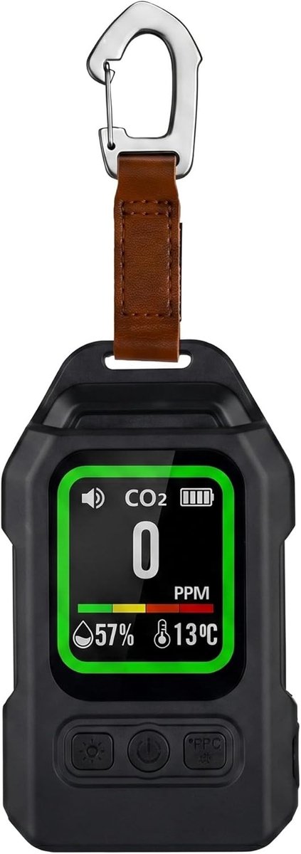 Draagbare CO2-melder - 4-in-1 koolstofdioxidemelder voor in de auto met hoorbare en visuele waarschuwingen - temperatuur-/vochtigheidssensor - magnetische achterkant - 300 uur stand-by - ideaal voor thuis, camper en camping (zwart)