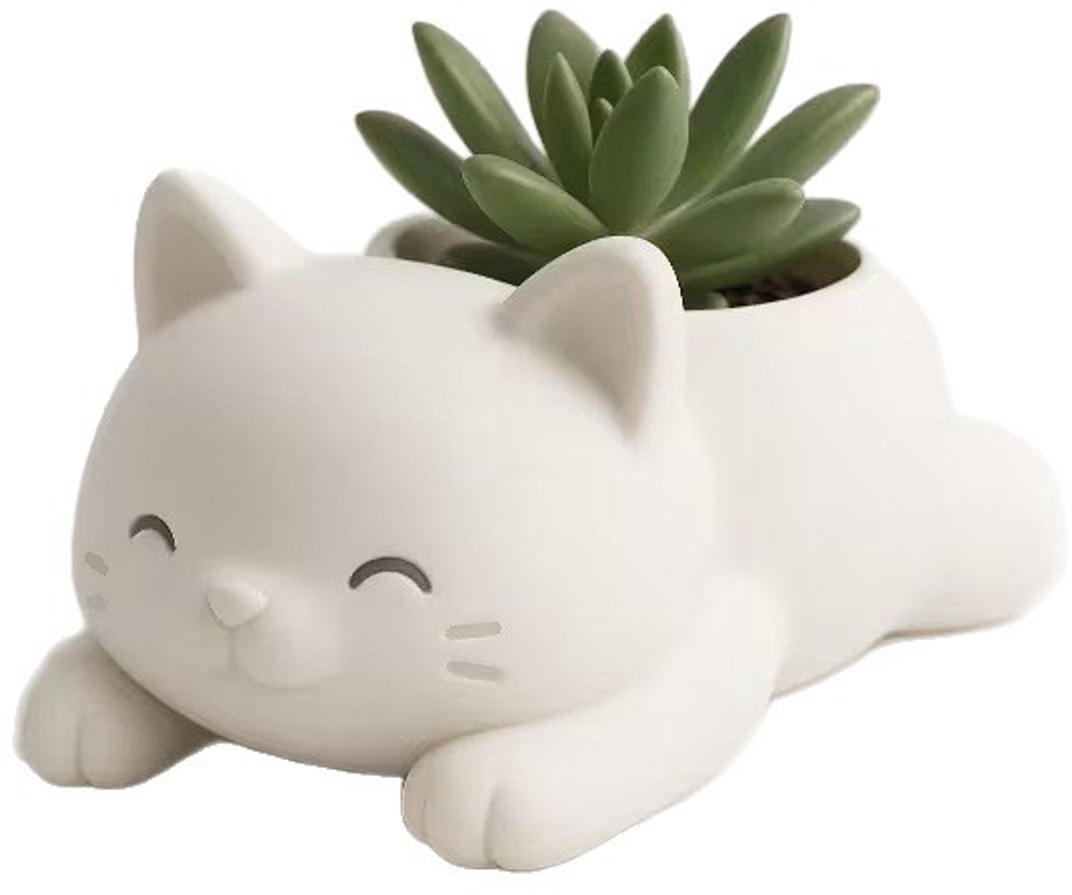 Claoner 3D-geprinte bloempot - Schattig cartoon kitten - Voor cactus planten - Kaarsenhouder - Wit