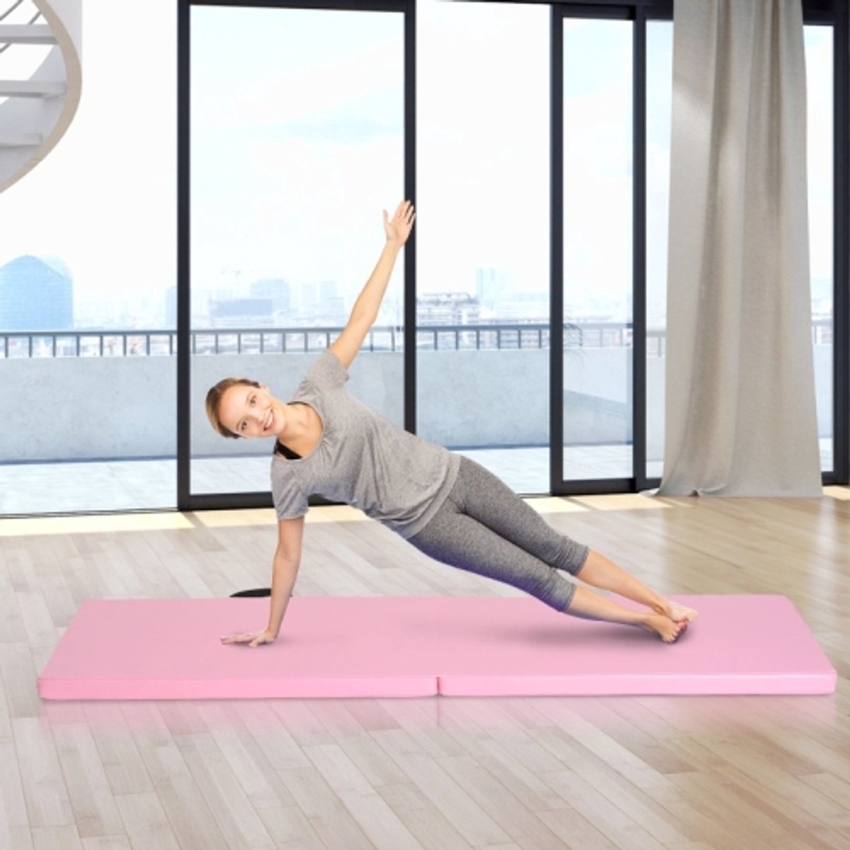 Opvouwbare fitnessmat met handgrepen voor yoga, MMA, fitness, pilates – kunststof bekleding, 180 x 60 x 5 cm, roze