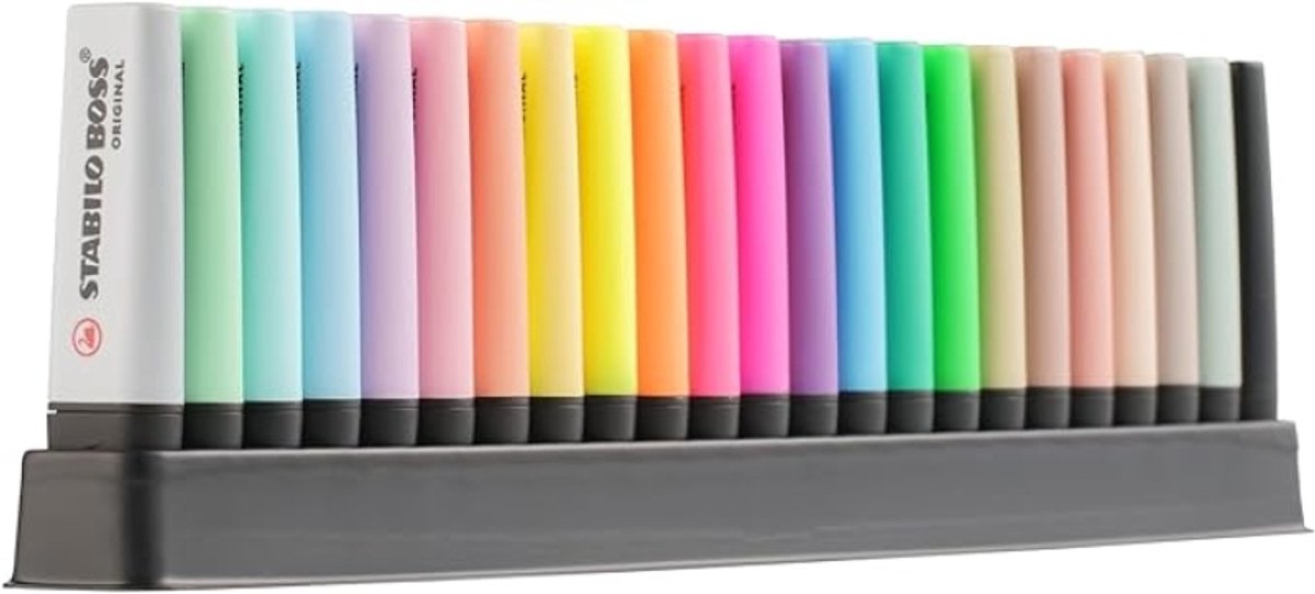 Markeerstift set van 23 - Boss Original - 8 neon, 8 pastel, 6 natuurlijke kleuren en 1 zwarte marker - anti-uitdroging 4 uur - inkt op waterbasis - geschikt voor school en kantoor
