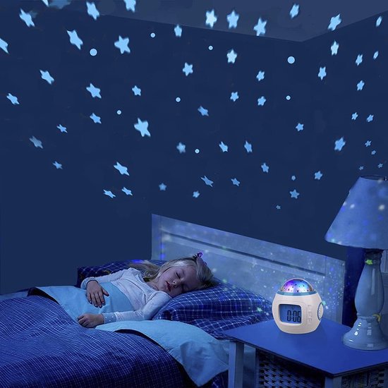Kinderwekker met muzikale LED-sterrenprojector, nachtlampje, 7 muzieksoorten, datum- en tijdweergave, verjaardagscadeau — afbeelding 3