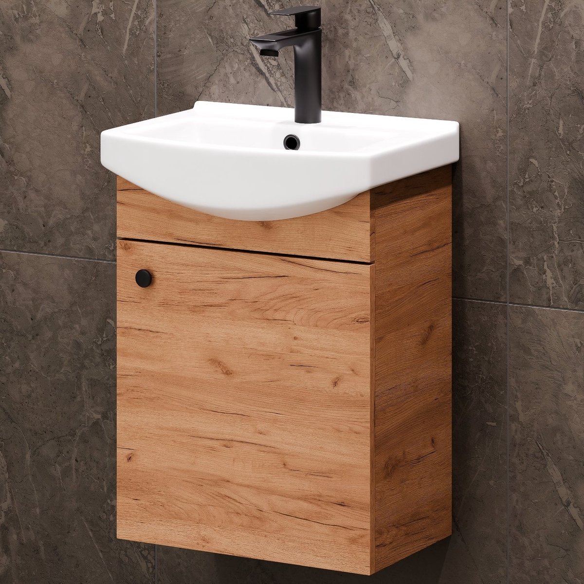 Planetmöbel Badkamermeubel Set 45 cm – Goud Eiken – Wastafelonderkast met Keramische Wastafel – Soft-Close