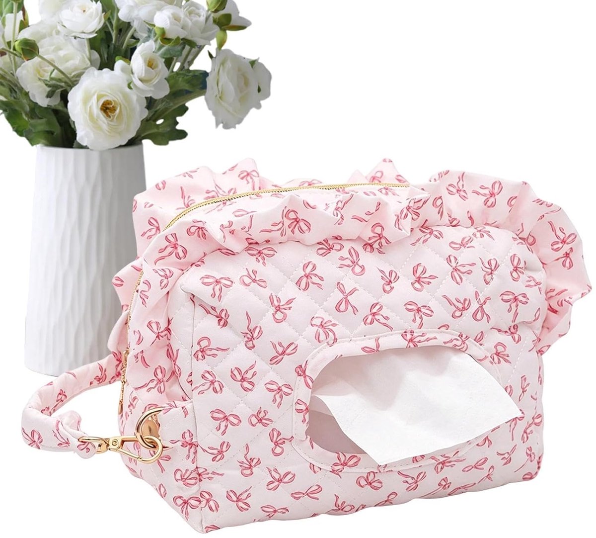 Draagbare, gewatteerde opbergtas Geschikt voor vochtige doekjes met bloemenprint | Geschikt voor kinderwagens, auto's, kinderdagverblijven, buiten, zwembaden, winkelen, parken, stranden, picknicks en kamperen. (Strik)