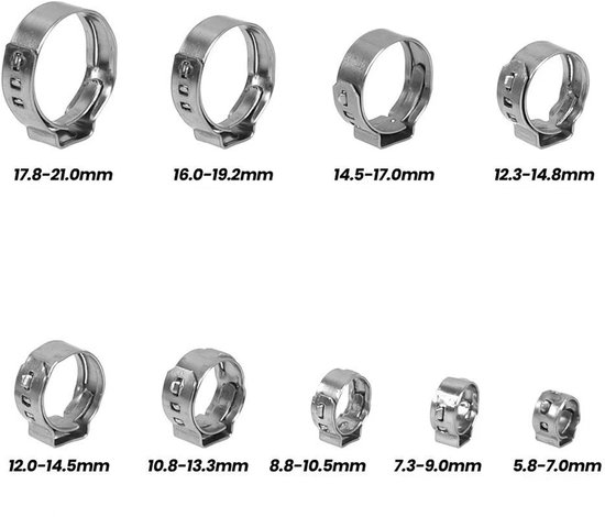 Set slangklemmen - Oorvormige slangklemmen - Met blauwe klemtang - Slangbevestigingen - Voor buizen en slangen - Metaal - 170 stuks - Zilver — afbeelding 2