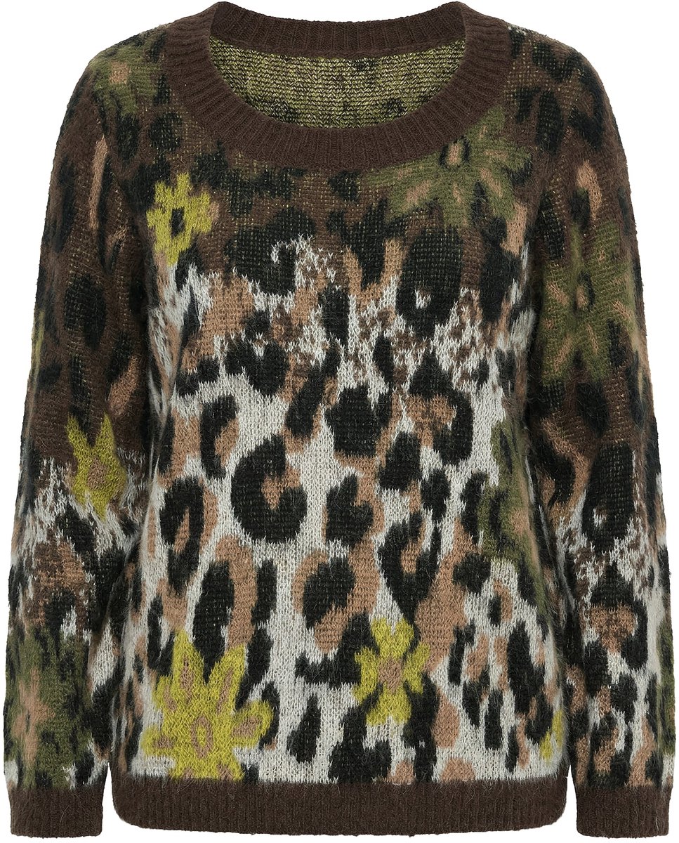 Ulla Popken - Dames - Trui luipaardpatroon bloemen ronde hals lange mouwen - Mahonie - Maat 62+
