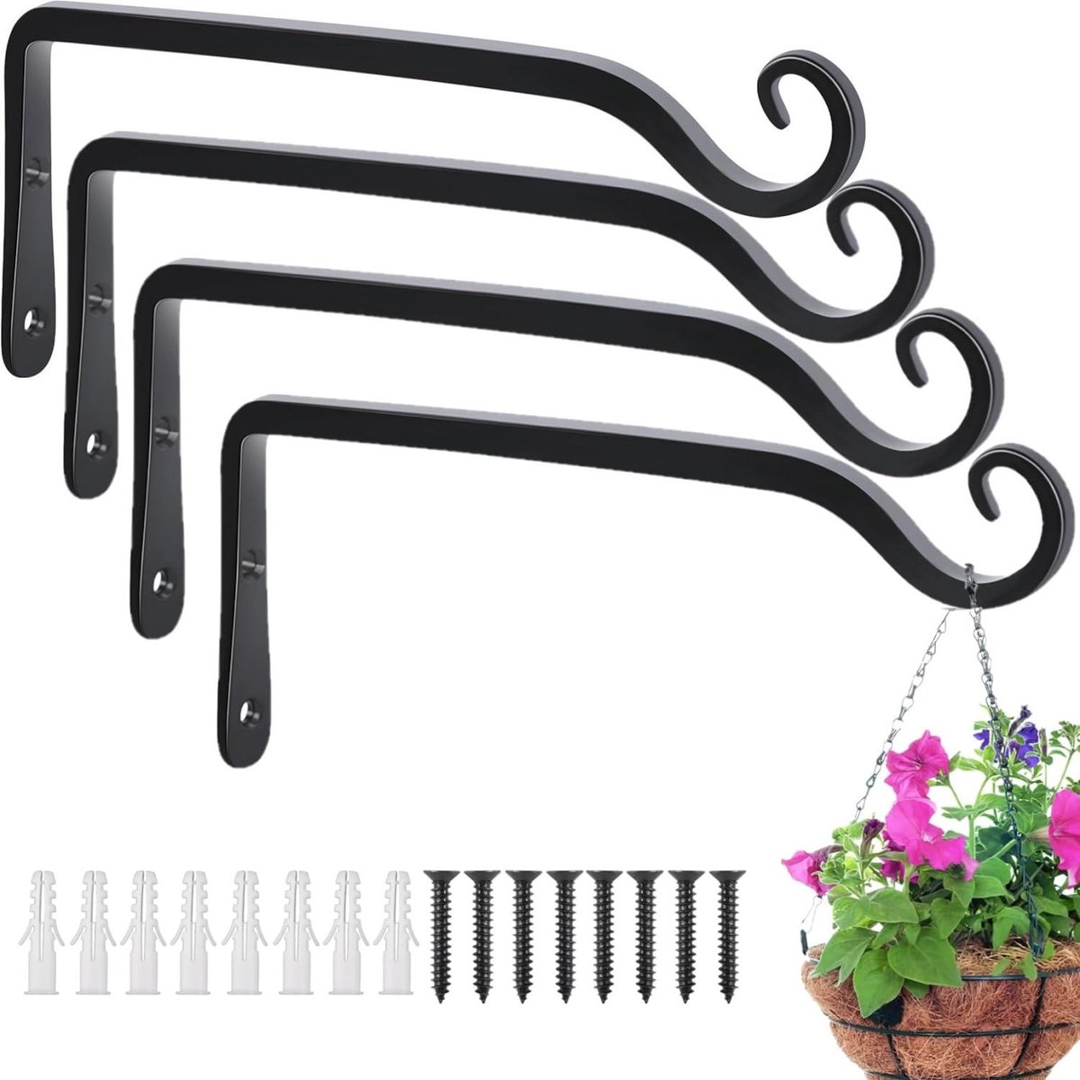 Famanu – Set van 4 zwarte hangers voor buitenplanten, ideaal voor het ophangen van bloempotten en andere decoraties, perfect voor het creëren van een groene sfeer in je tuin of op je balkon