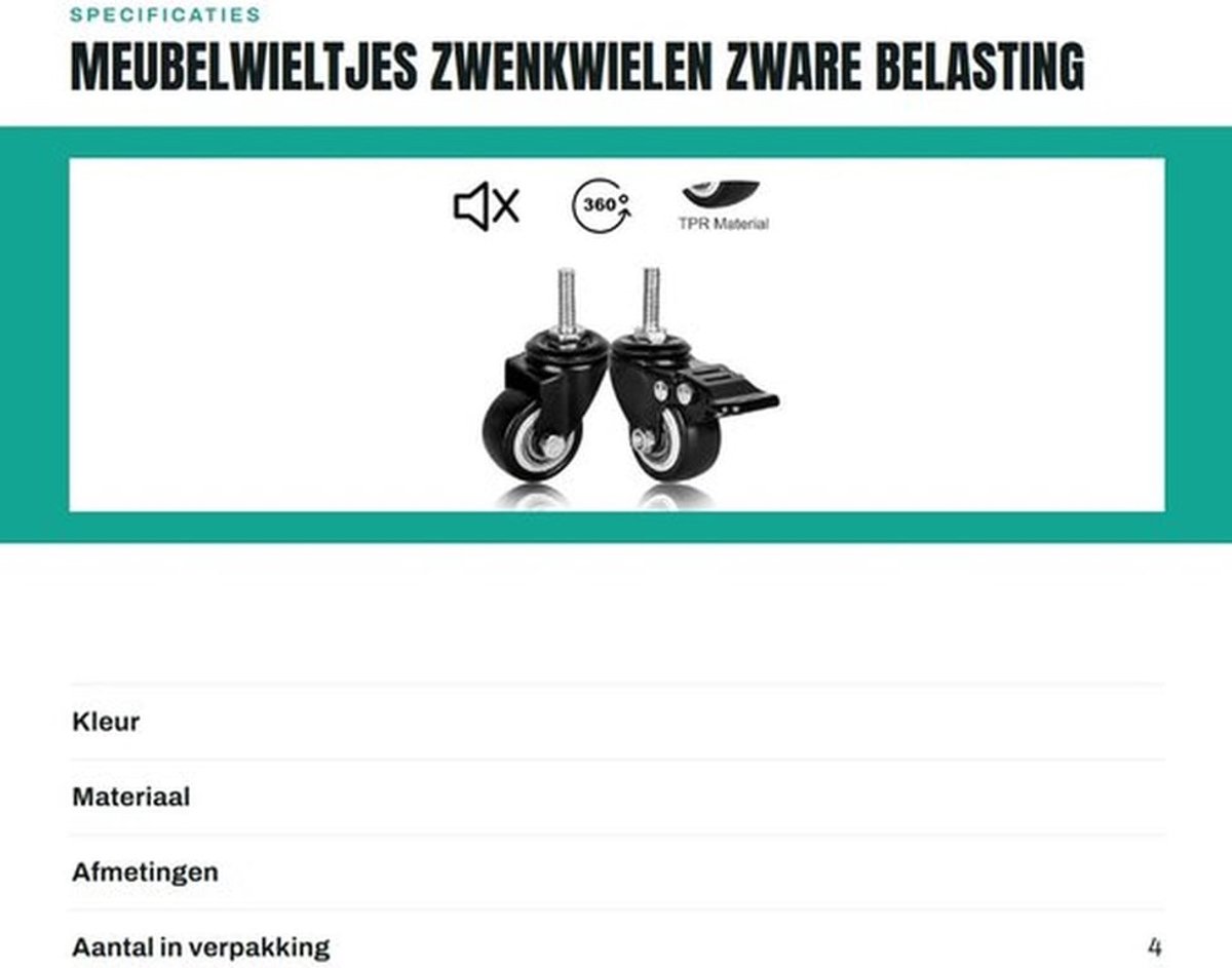 Meubelwieltjes zware belasting - Zwenkwielen - Rubber - 360 graden draaibaar - Roestvrij staal - Stil en duurzaam - Transportwielen