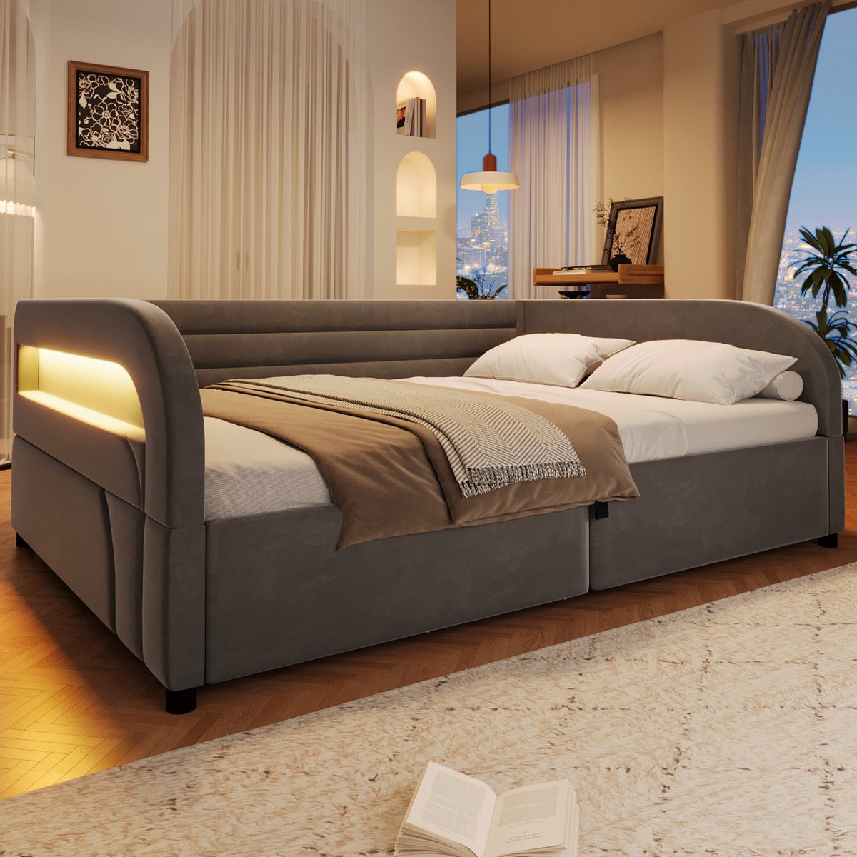 Gestoffeerd Bed 140x200 cm Zonder Matras - Bedframe Met Hydraulische Opbergruimte En Verlichting - Voor Slaapkamer En Logeerkamer - Stof En MDF - Grijs