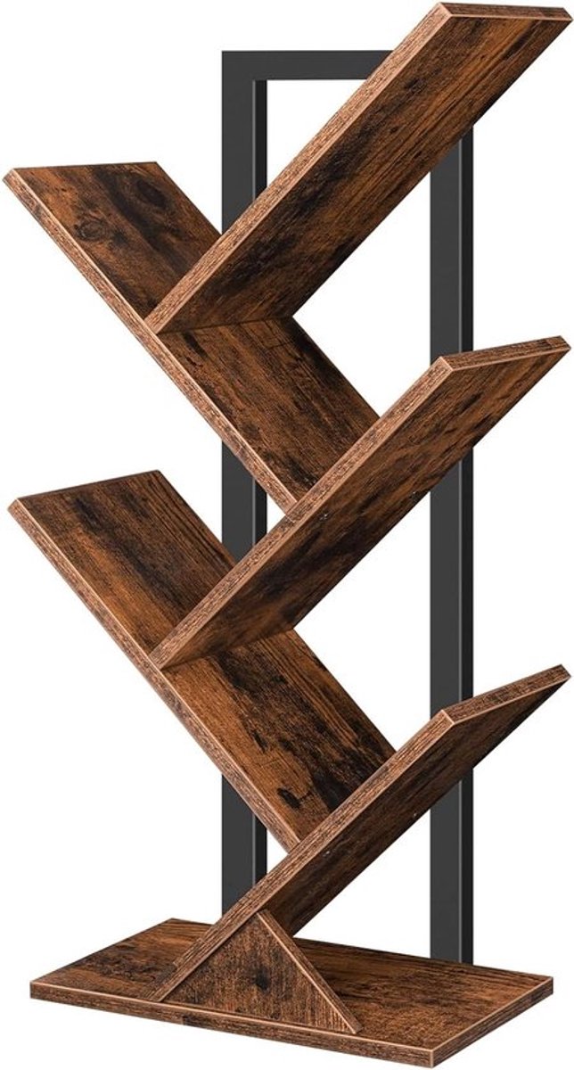 Boomvormige metalen boekenstandaard - Vrijstaand bureau rek voor woonkamer, keuken en thuis - Perfect voor tijdschriften en CD's in rustiek bruin