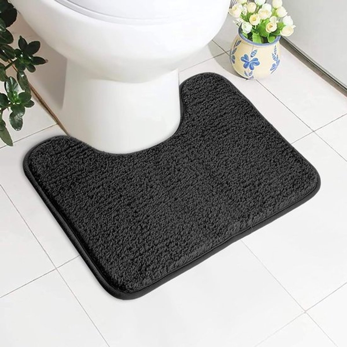 Absorberende toiletmat antislip extra zachte badkamermat microvezel pluizig ruig toilettapijt machinewasbaar sneldrogende badmat U-vorm dik toilettapijt 50 x 40 cm (zwart)