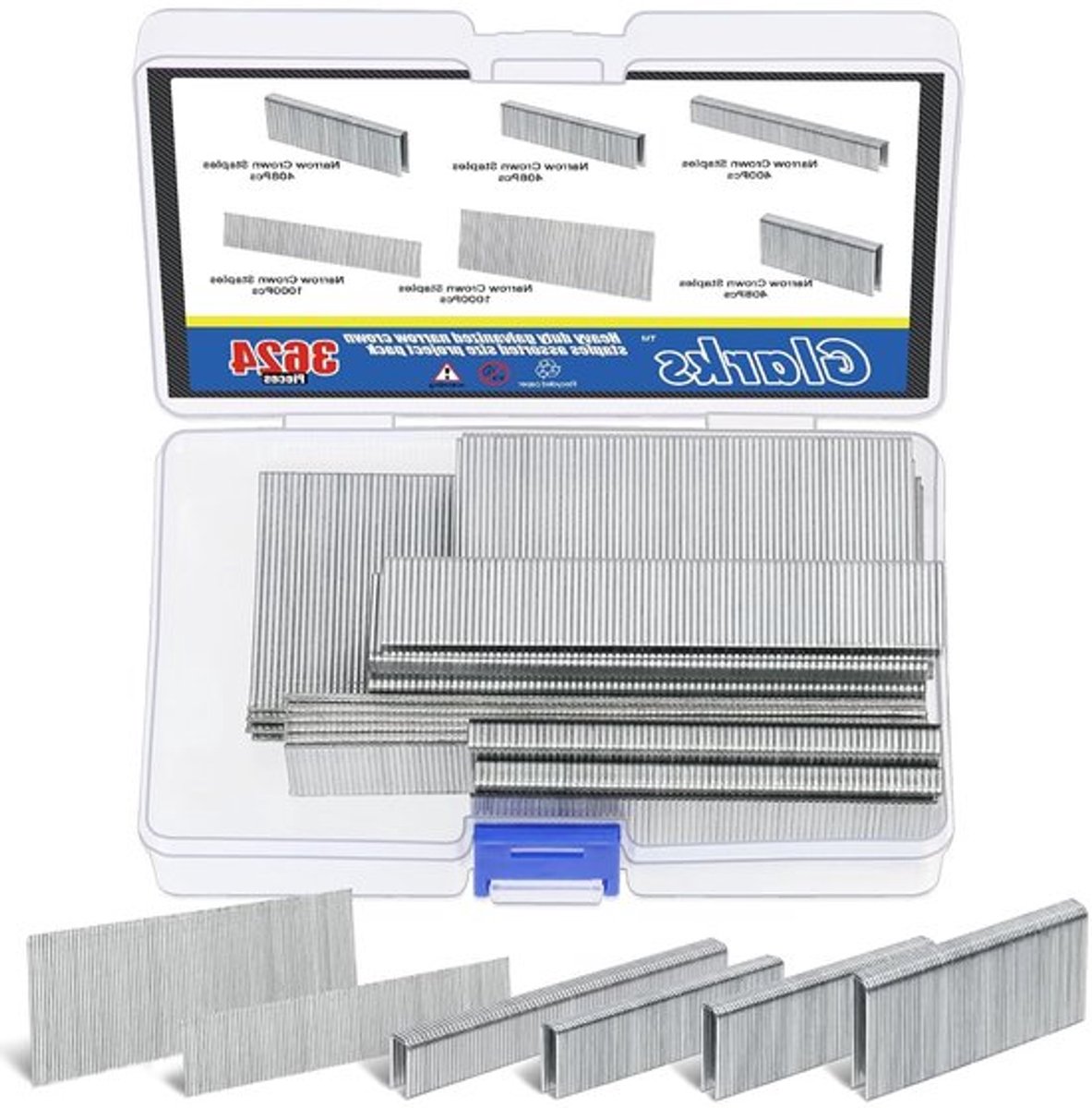 3624 Stuks 18 Gauge Narrow Crown Nietjes Assortiment met 4 Maten en 1 Inch, 2 Inch Brad Nagels voor Elektrische Nietmachine en Pneumatische Toepassingen, Perfect voor DIY Projecten