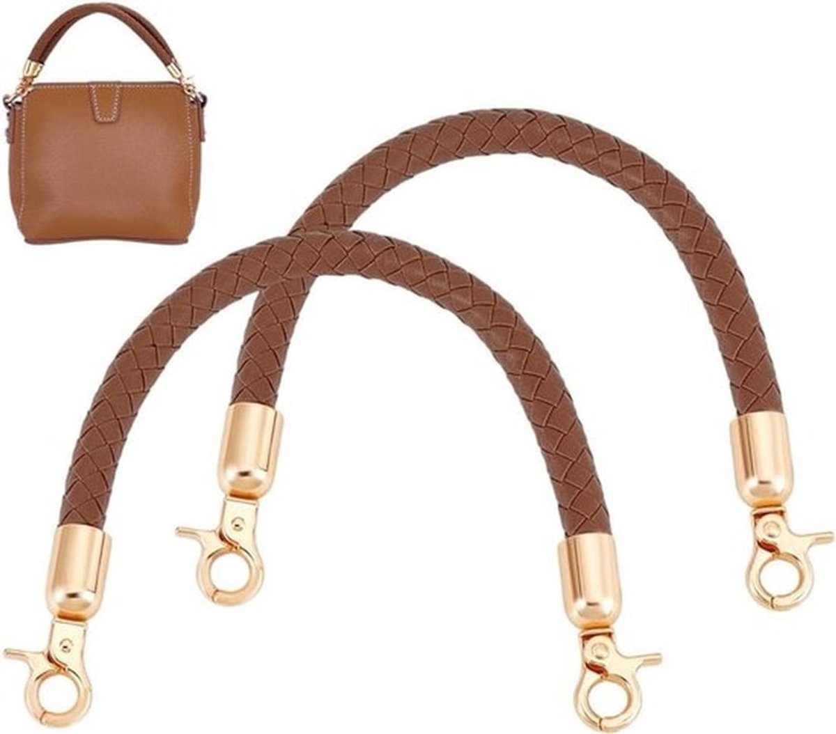 2 Stuks Gevlochten Portemonnee Handgrepen van 30 cm, Bruine Tasriemen voor Vervanging van Handtassen met Gouden Gesp voor DIY Handtassen en Onderarmtassen