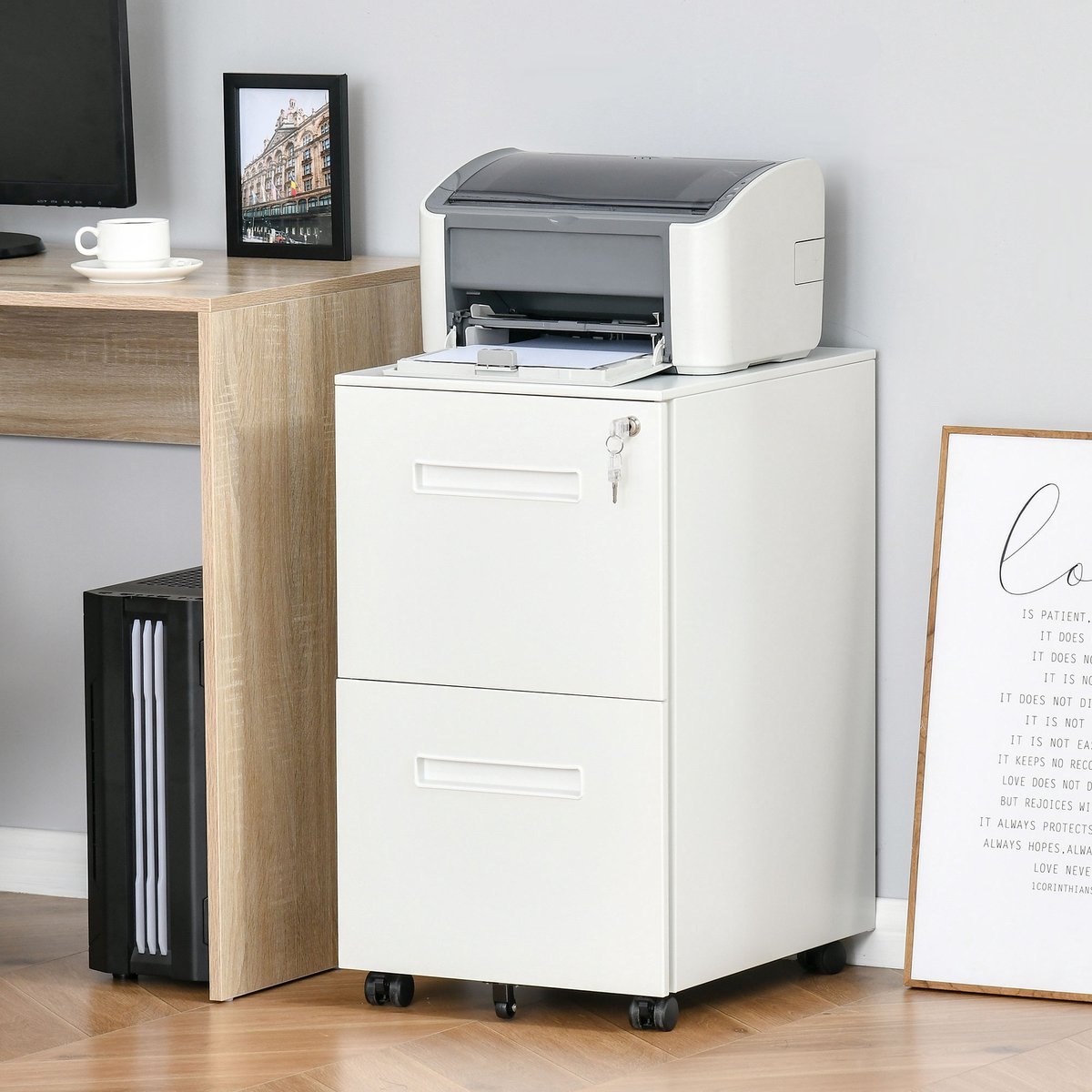 COVREO Archiefkast 39x48x67 cm wit staal, met 2 lades en wielen