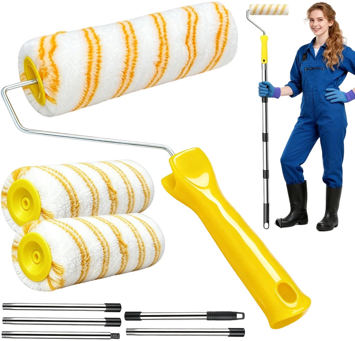 Verfroller Set - Verfroller Kwastenset - Uitschuifbaar Verlengstok - 2m - 3 Vervangen Rollen - Antislip Handgreep - Schildersgereedschap - Voor Muren en Plafonds - Renovatie