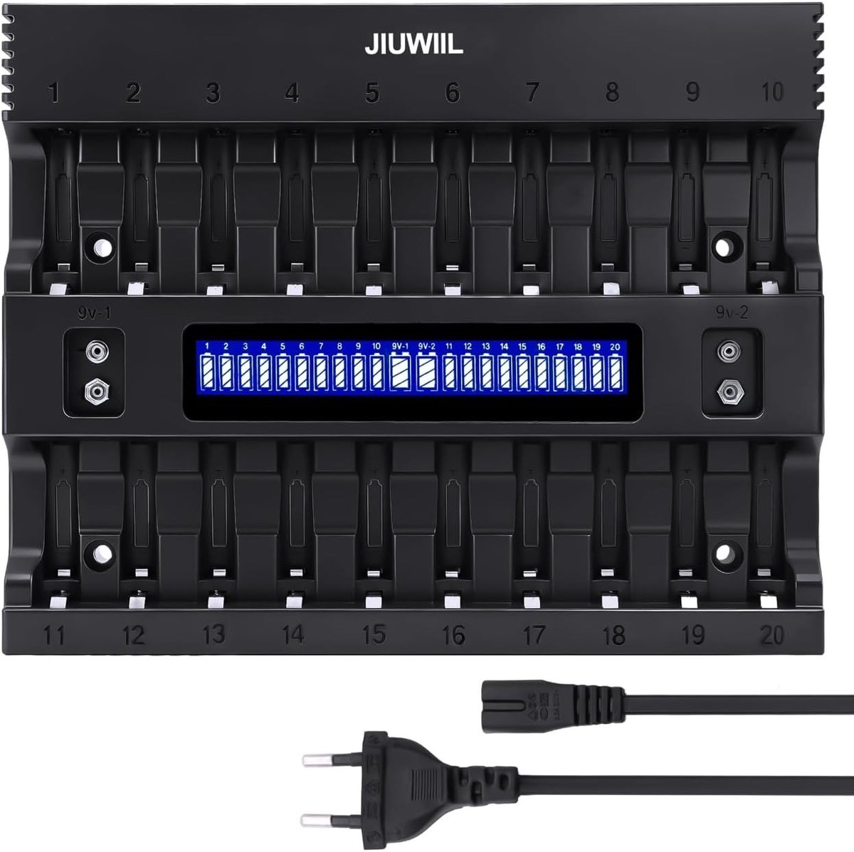 Batterijlader - Zwart - 20+2 Sleuven - Slimme Acculader met LCD-scherm - Voor AA/AAA en 9V-batterijen