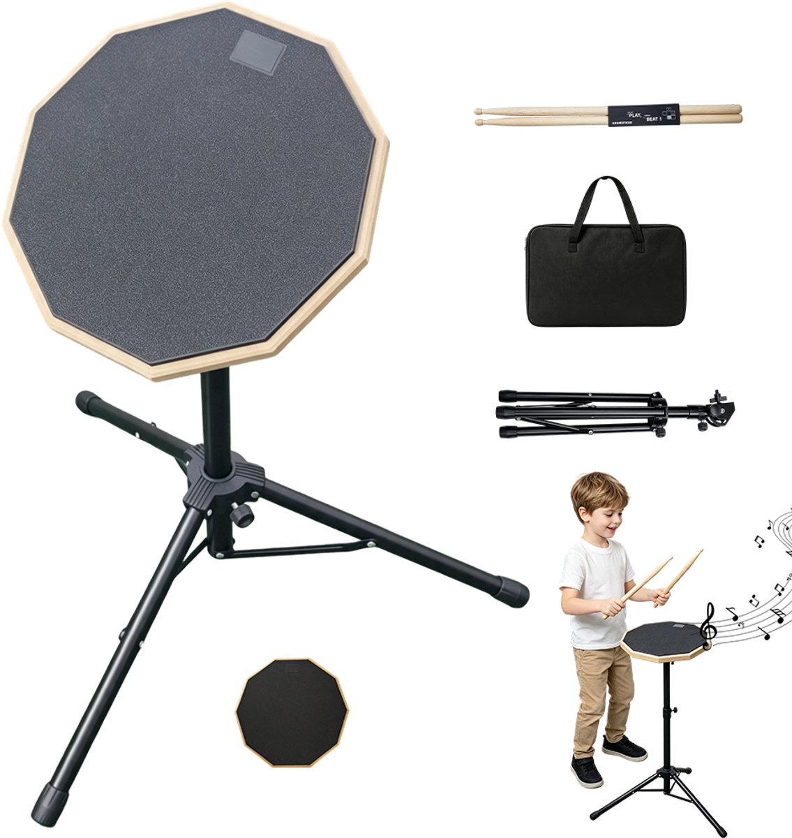 12 Inch Drumpad Set – Stille Drum Oefenpad - Oefendrumpad - Drum Practice Pad - met Stokken & Verstelbare Standaard & Draagtas – Achthoekig - Voor Oefenen & Studie