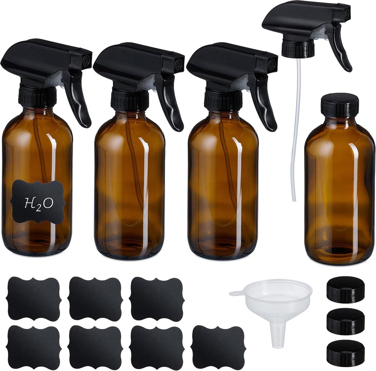 Relaxdays plantenspuit glas, set van 4, 250 ml, nevel, straal, kappersspuit haar, schoonmaken, spuitfles, bruin-zwart