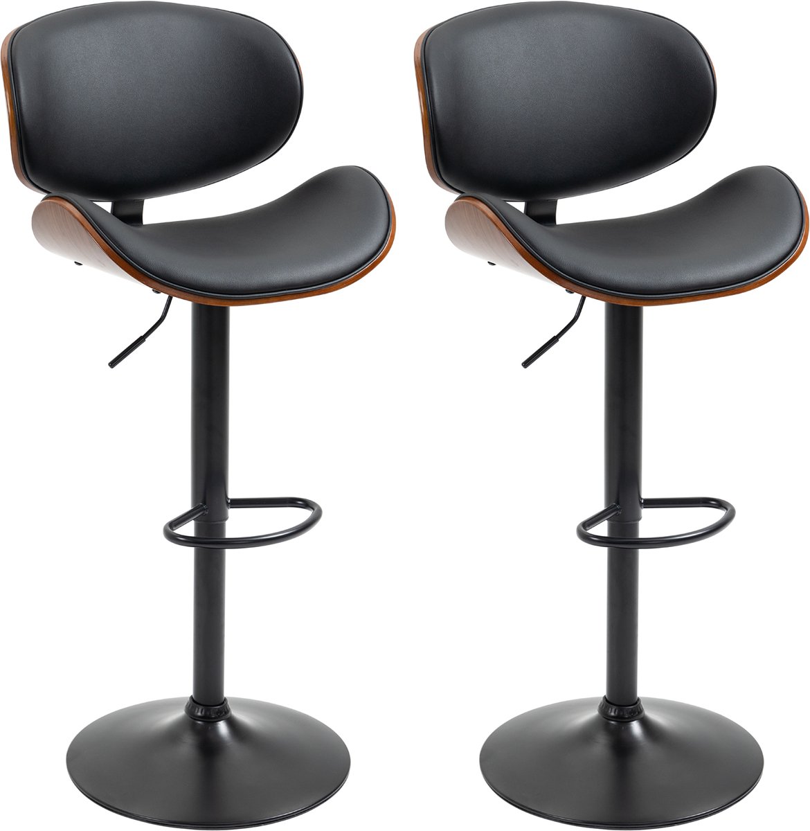 Set van 2 barkrukken – keukenstoelen met rugleuning – synthetisch materiaal – in hoogte verstelbaar, draaibaar – met voetsteun – 53 x 52 x 92–112 cm – zwart