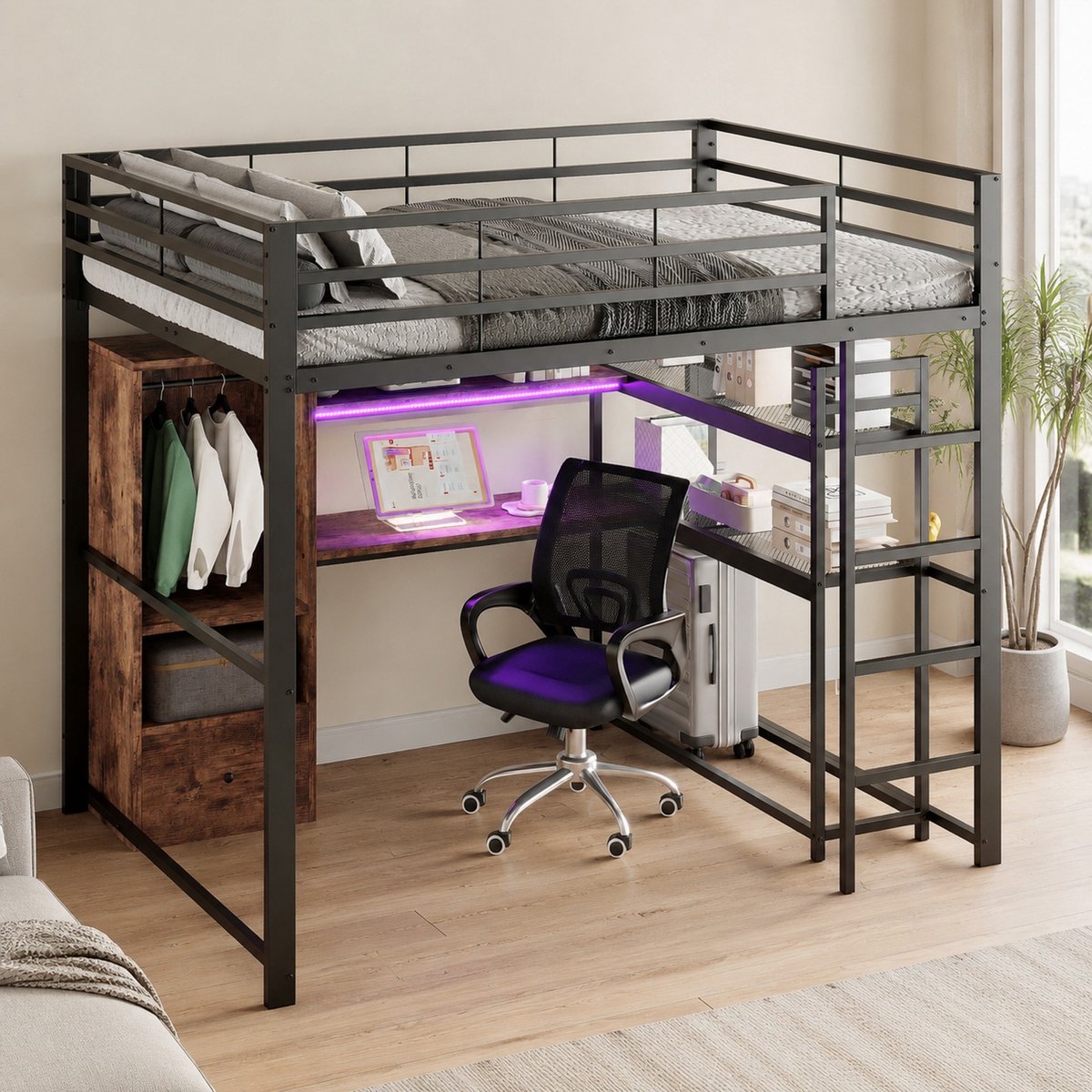COVREO Hoogslaper 140x200 cm zwart, met bureau opbergruimte en LED