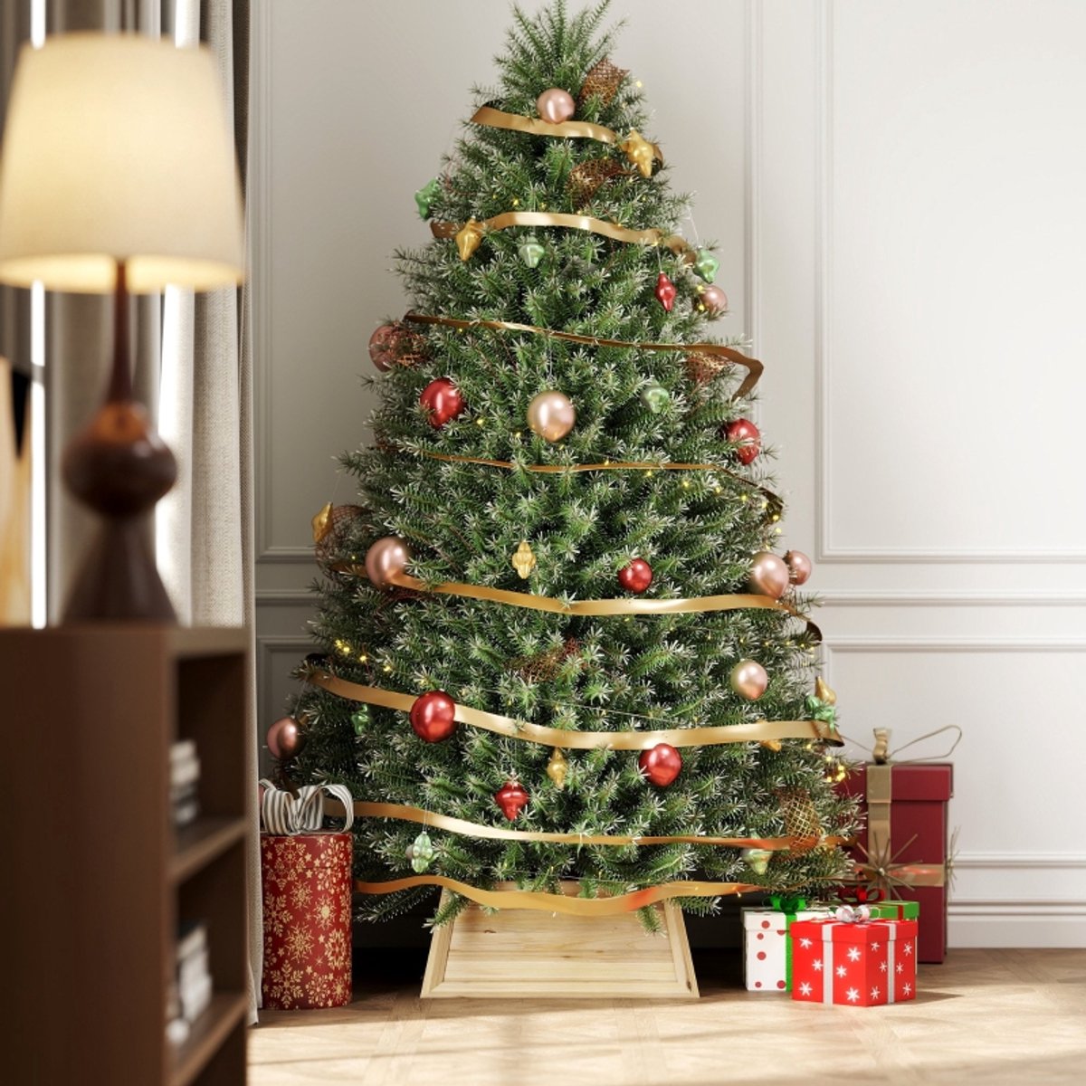 COVREO Kerstboomkraag 65 x 65 x 27 cm naturel hout, voor kerstboomstandaard