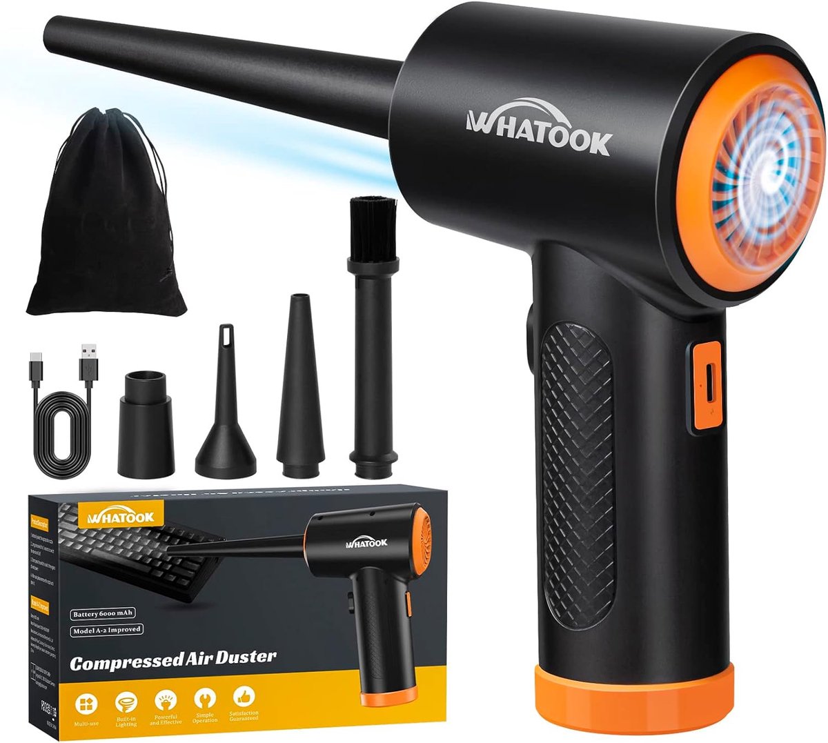 Elektrische Luchtblazer – Draadloos – 60000 RPM – 3 Snelheden – 6000mAh Accu – 5 Opzetstukken