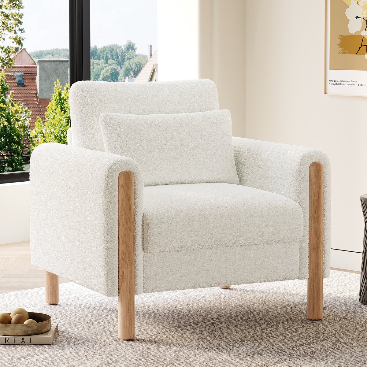 COVREO Fauteuil 87x83x88,5 cm – wit pluche stof, houten poten, 1-zits met armleuningen