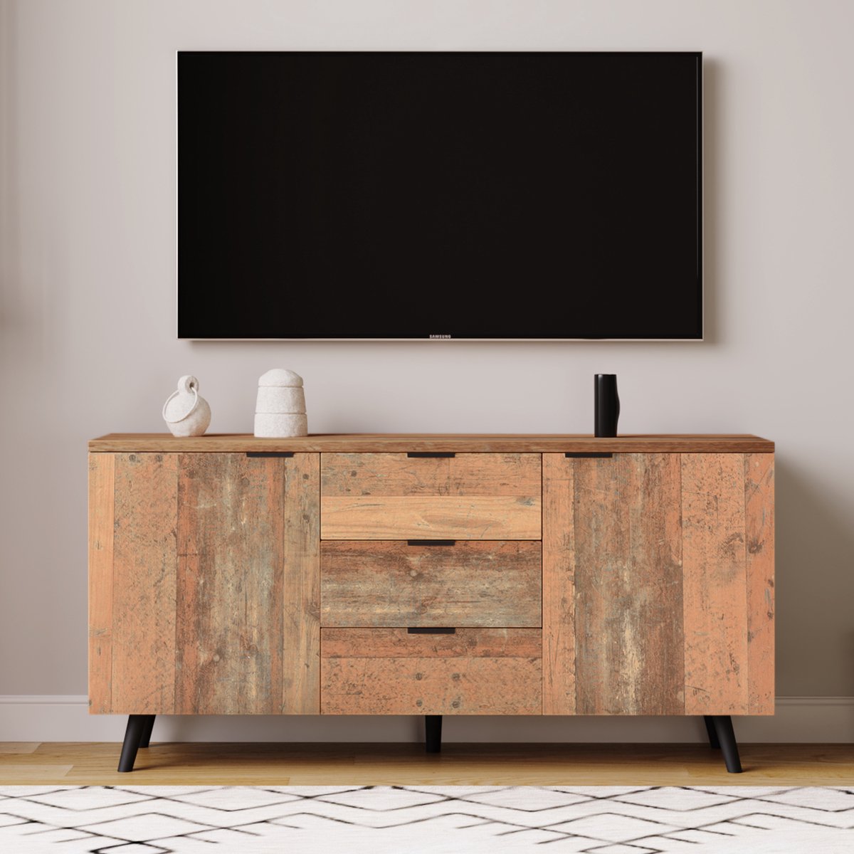 COVREO Dressoir 140 x 35 x 70 cm - antique brown, 3 lades en verstelbare planken