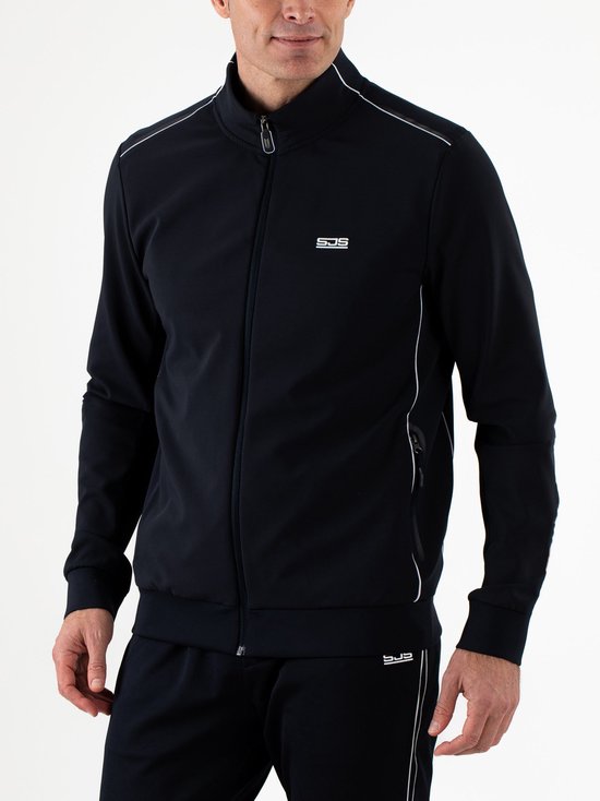 Donkerblauw sportvest met witte biezen op de schouders en langs de rits. Het Sjeng Sport logo is op de linkerborst.