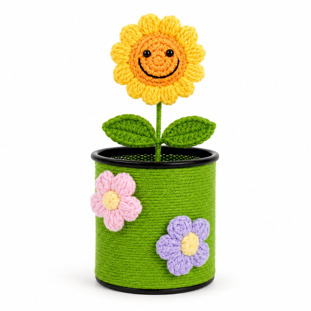 VHV - Pennenhouder Zonnebloem - Gehaakte Bloempot met Buigbare Steel - Groen - Bureau, Make-uptafel en Kinderkamer