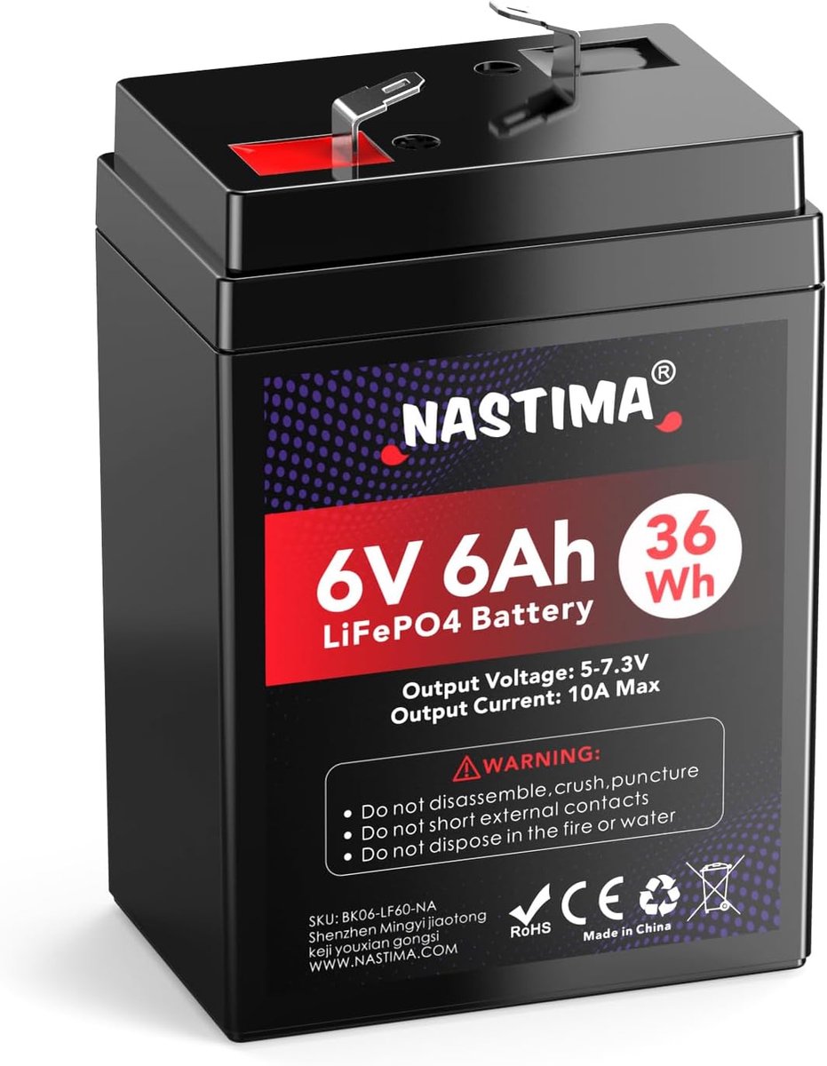 SnelShoppen - LiFePO4 6V 6Ah Oplaadbare Batterij met BMS Bescherming voor Toezichtcamera's, Speelgoedauto's, Motorboten, Camping en Zonnepanelen