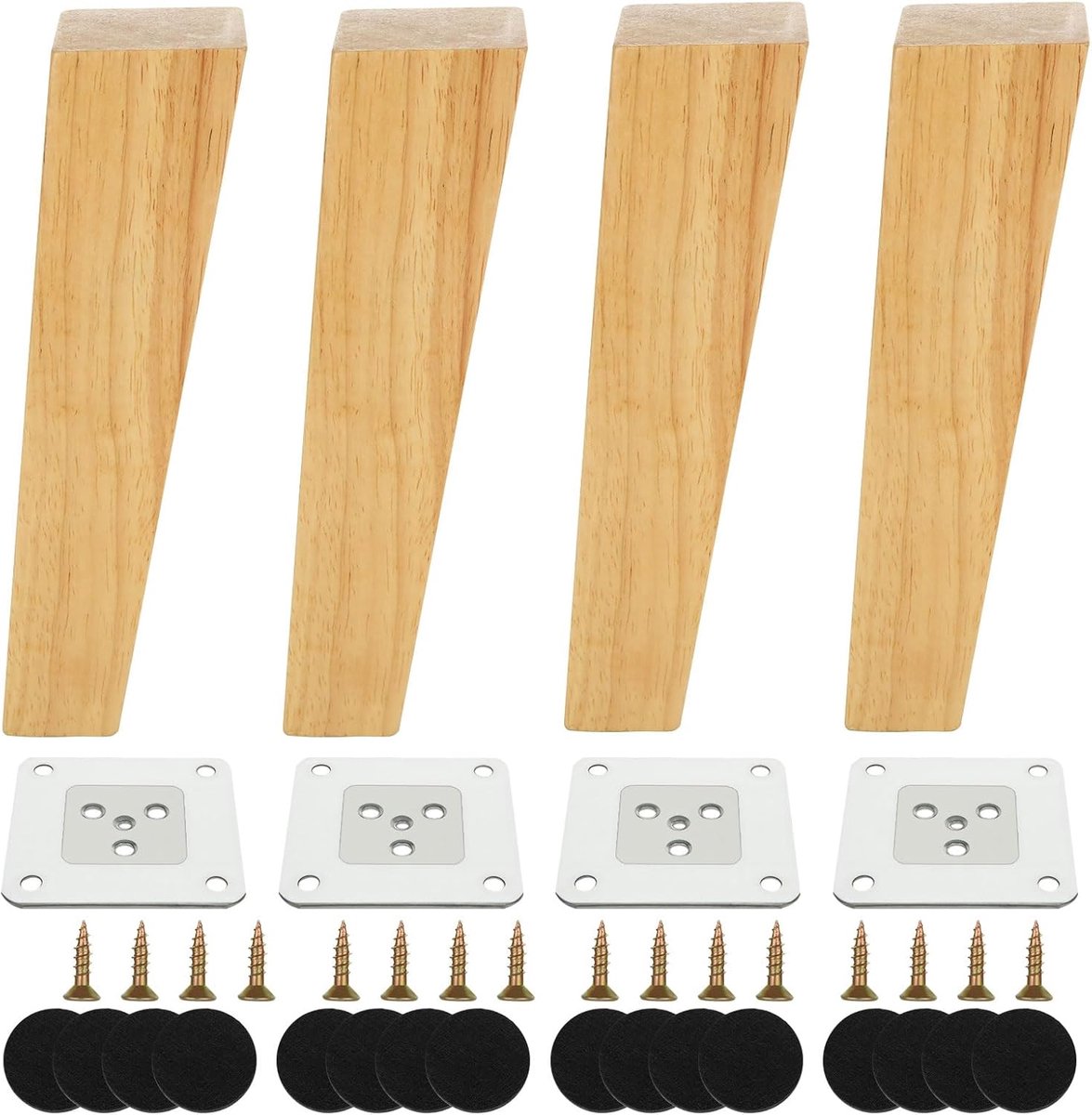 SnelShoppen - 4 Stuks Houten Meubelpoten, Gehoekte Houten Poten 20cm met Montageplaten, Rubber Pads en Schroeven, Ideaal voor Tafel, Bed, Sofa