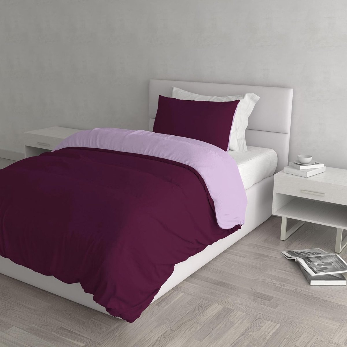 SnelShoppen - Italiaanse Bedlinnen Set - Natuurlijke Kleur Dekbedovertrek met Dubbele Flap Hoeslaken en Kussenhoes - 100% Katoen - Plum/Lila - Eenpers
