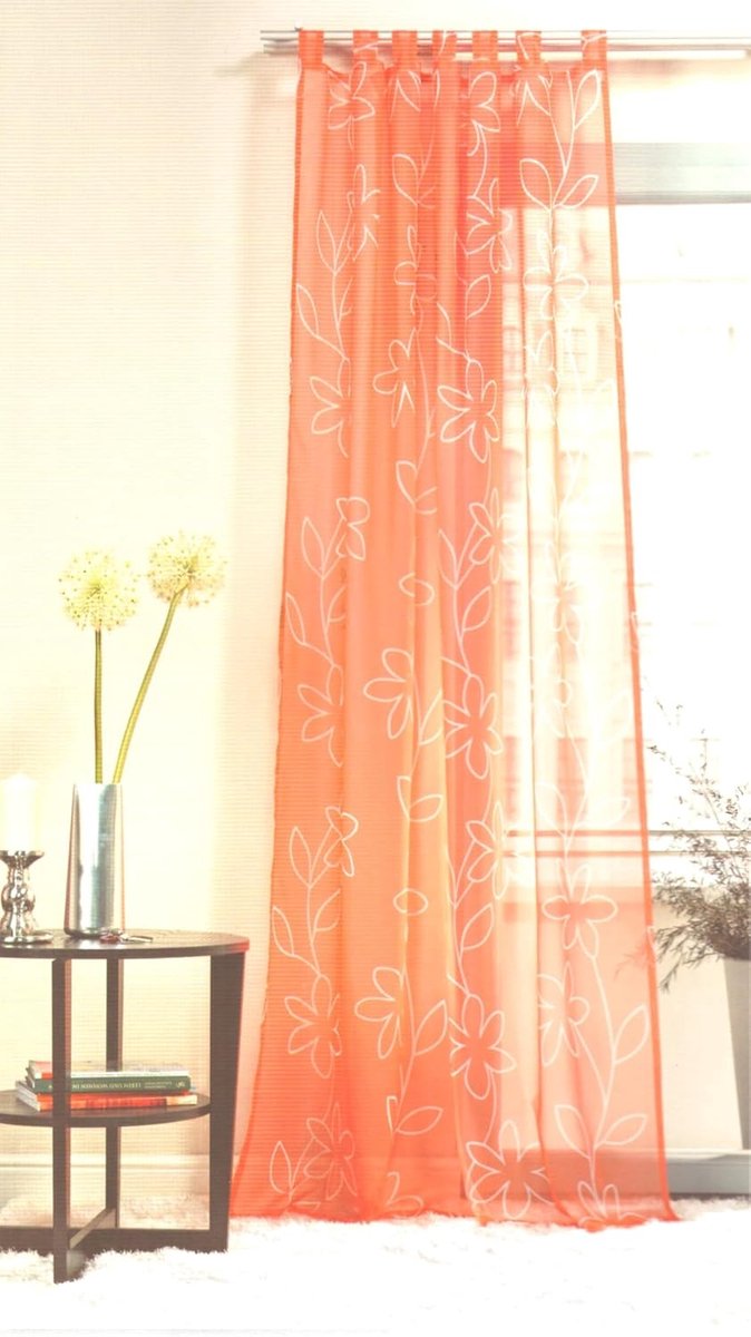 SnelShoppen - Kant-en-klaar Tab-Top Gordijn met Lussen Transparante Bloemen 140 x 245 cm 1 Stuk Oranje met Bloemenpatroon voor Woonkamer, Slaapkamer,