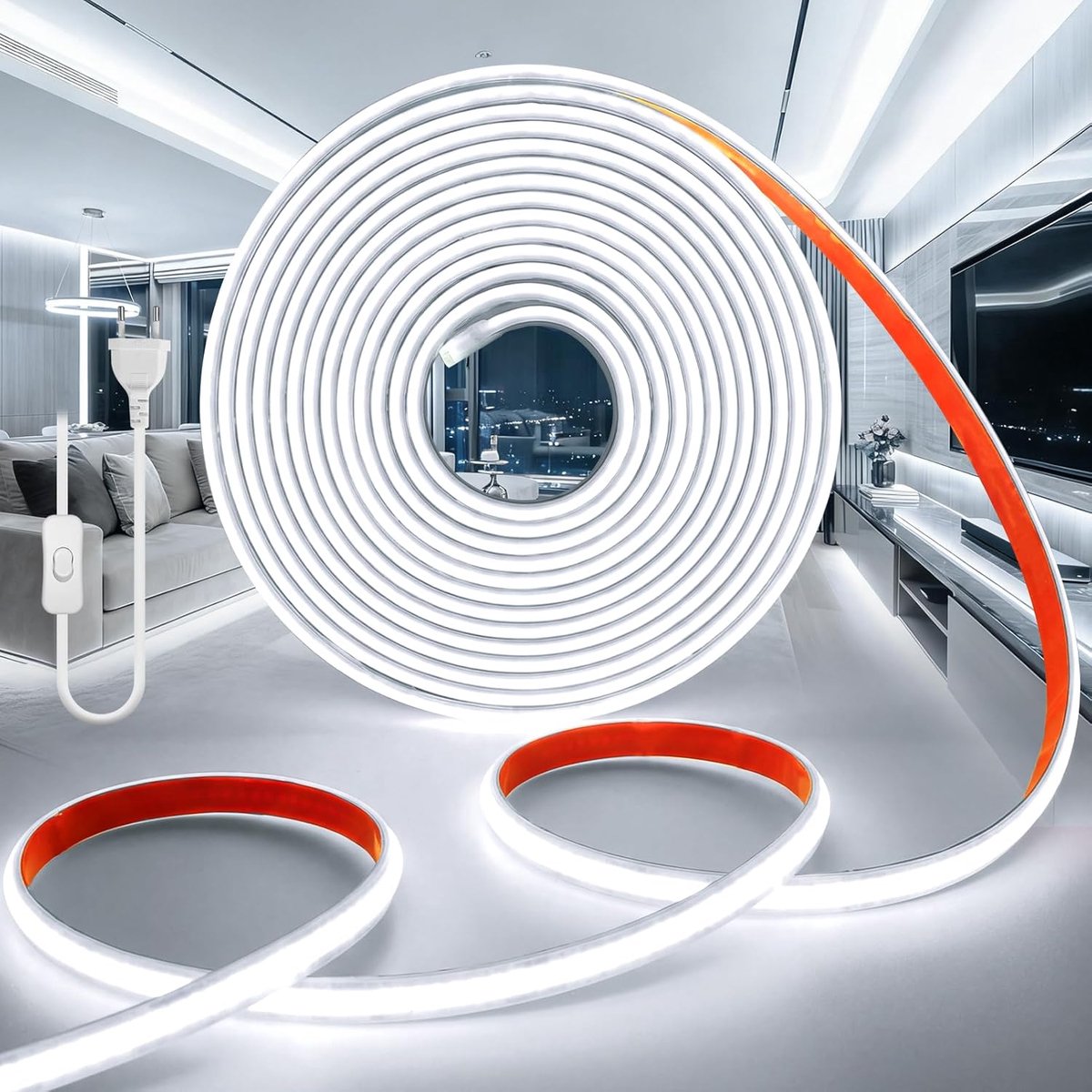 SnelShoppen - COB LED Strip 20M 220V Wit 6000K Buiten Waterdicht IP65 LED Strip 320 LEDs/M Zelfklevend Flexibel Snijbaar Voor Tuin Keuken Slaapkamer