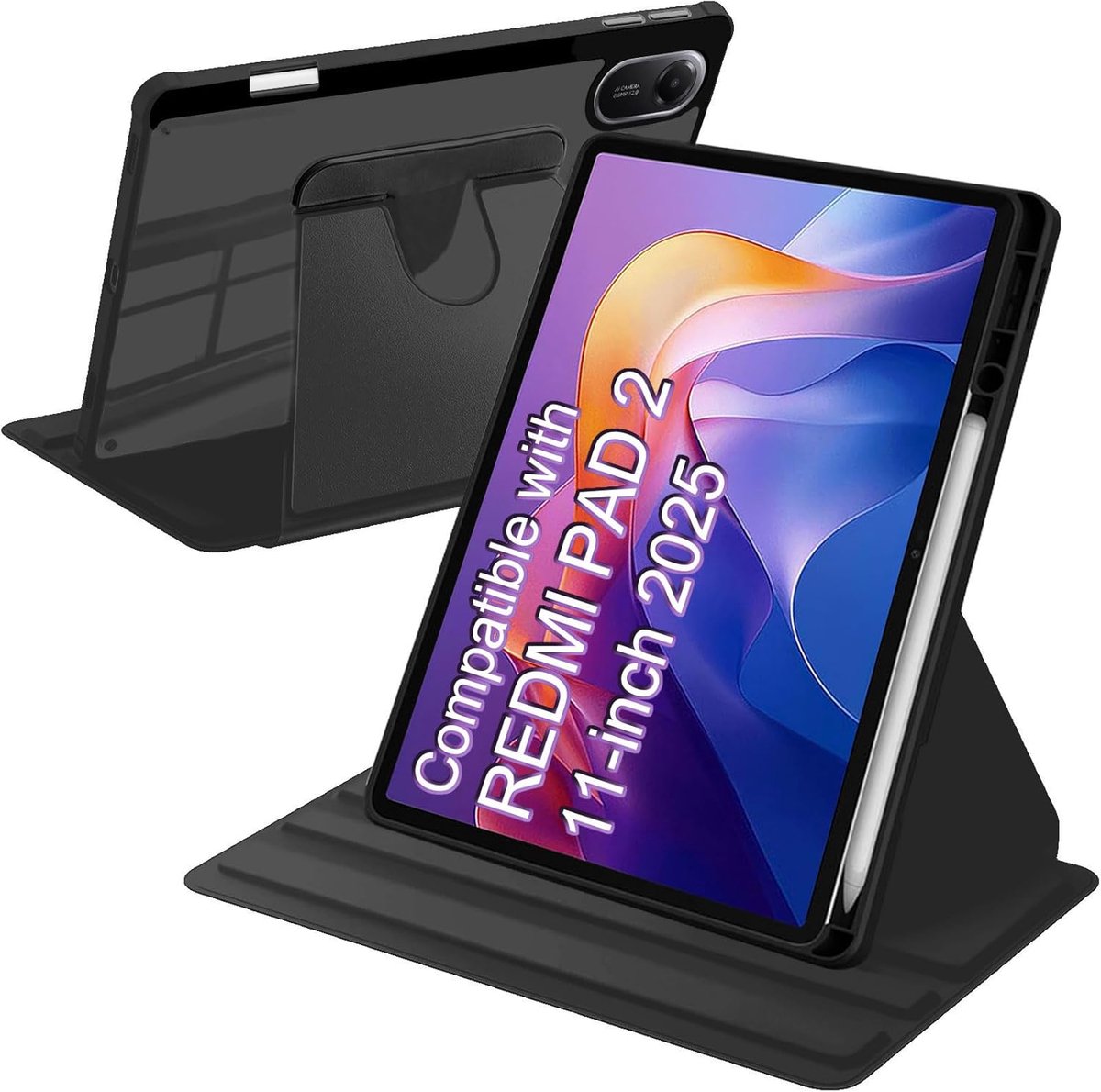 SnelShoppen - Rotating Case voor 11 Inch Tablet met Penhouder, Schokbestendige Transparante Hoes, Automatische Wake Up/Sleep, Zwart, Geschikt voor Xia