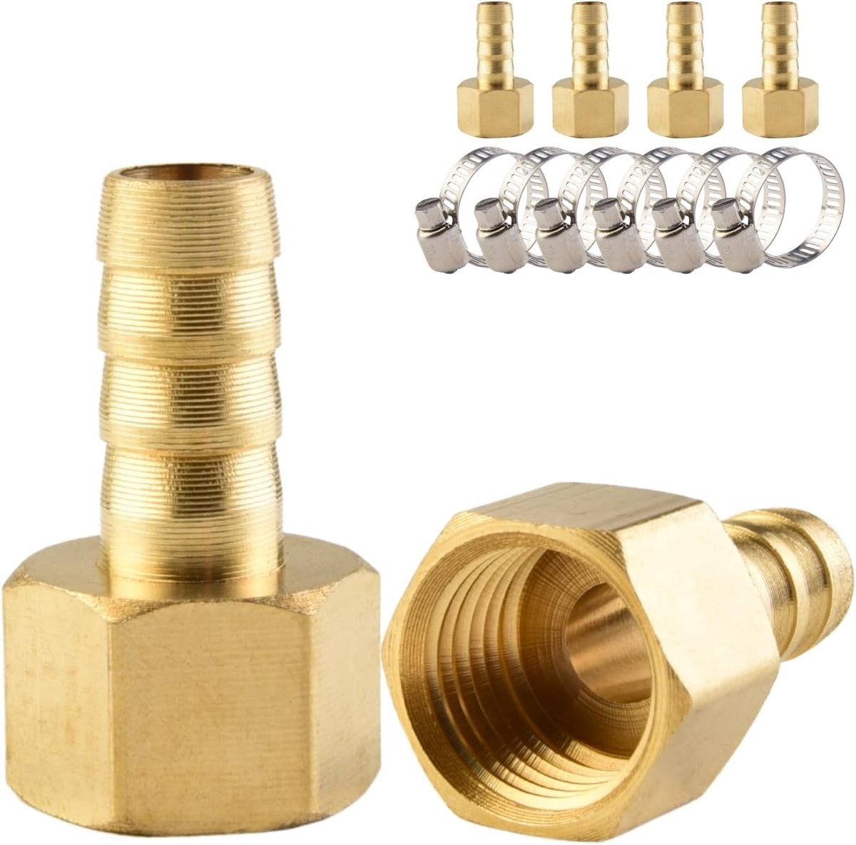 SnelShoppen - Messing Slangaansluiting 6 x 8 mm met 1/4" Vrouwelijk Draad, Compleet met 6 Slangklemmen voor Gas, Water en Brandstof