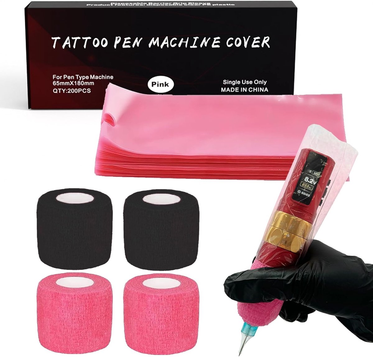 SnelShoppen - Pack van 200 Grip Tape en Pen Bags, Wegwerp Pen Covers, 4 Rollen Tattoo Handgrepen, Bandage, Tattoo Machine Covers, Veilig en Schoon, Ro