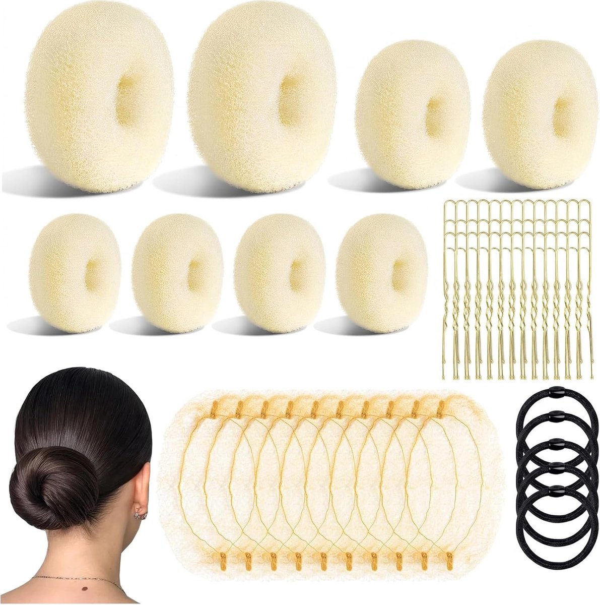 SnelShoppen - Hair Donuts voor Buns Set - 63 Stuks met Haarbun Makers, Haarclips, Elastische Bandjes en Haarnetten - Perfect voor Dames, Meisjes en Ba