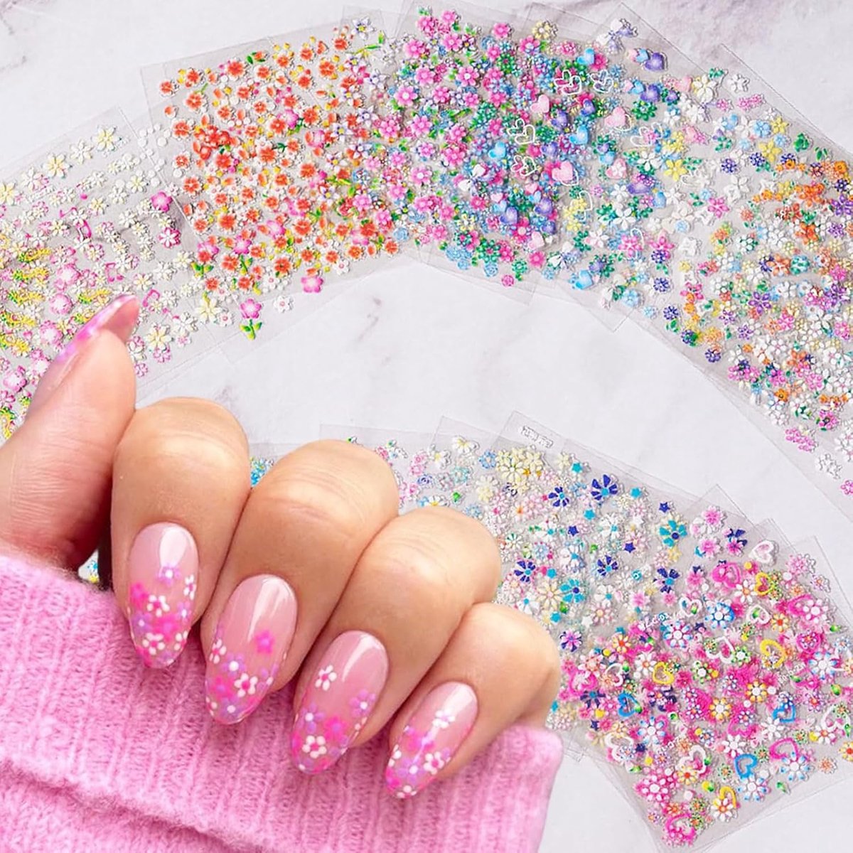 SnelShoppen - 30 Bladen Kleurrijke Bloemen Nail Stickers met Kersenbloesem, Margrieten, Hart en Strik - Zelfklevende 3D Nagelontwerpen voor Manicure D
