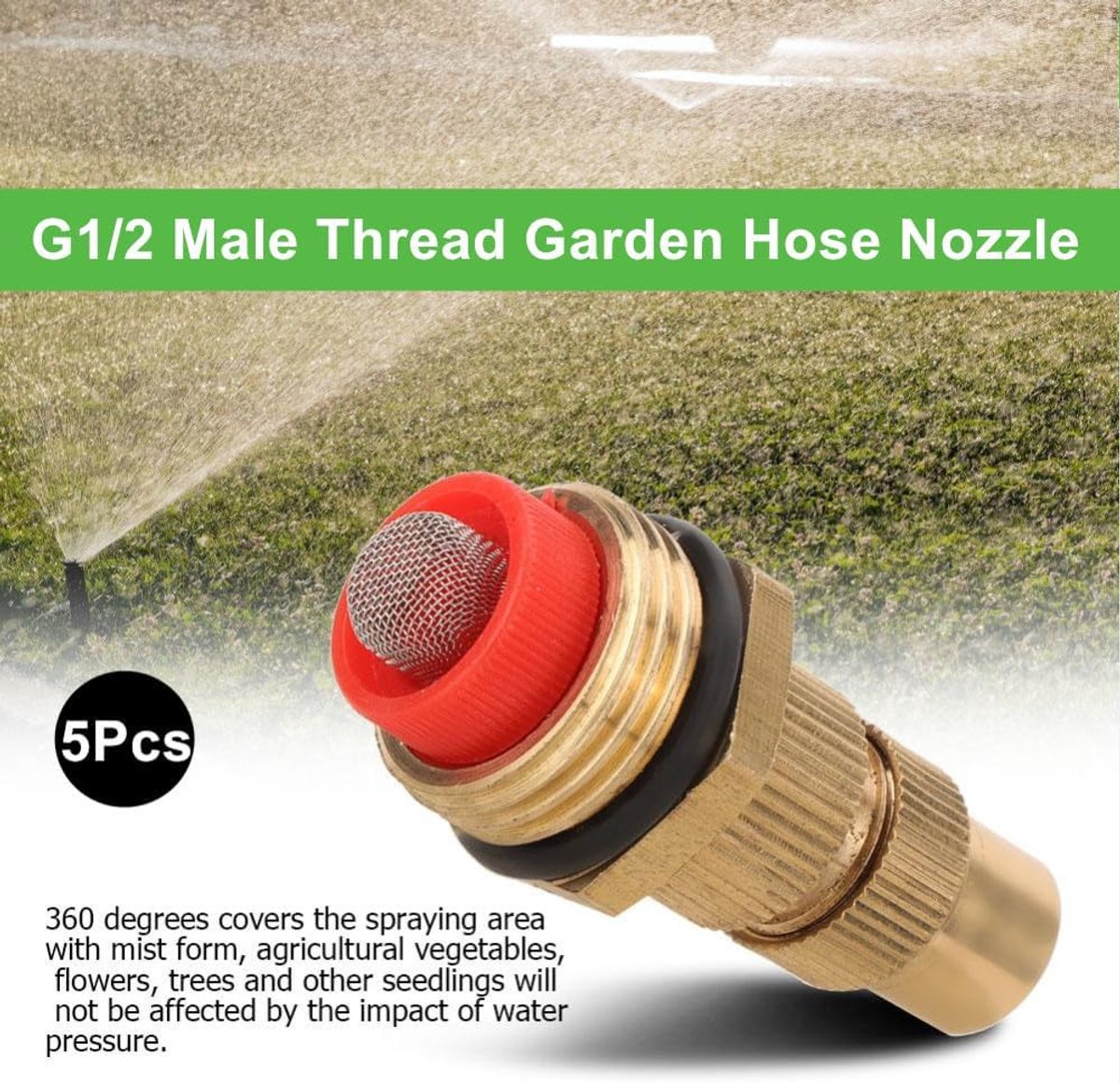 SnelShoppen - 5x Irrigatienozzles, G1/2 Mannelijke Draad Verstelbare Spuitkop voor Tuin, Waterbesparing, Messing, Voor Koeling en Irrigatie